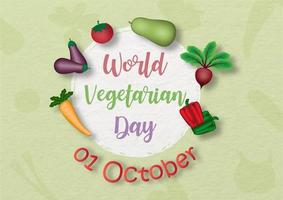 variedad de verduras con el día y el nombre del evento en círculo blanco y verde claro con fondo de patrón de papel. tarjeta y afiche de la campaña del día vegetariano mundial en diseño vectorial. vector