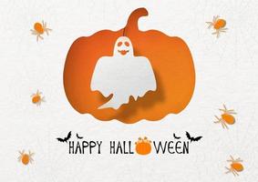 Halloween ghost on holes in giant pumpkin shape and orange spiders with design of Happy Halloween lettering on paper pattern background. Halloween card in vector design and paper cut style.
