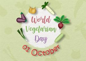 variedad de verduras con el día y el nombre del evento en círculo blanco y verde claro con fondo de patrón de papel. tarjeta y afiche de la campaña del día vegetariano mundial en diseño vectorial. vector