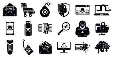 Cyber attack virus icons set, simple style vector