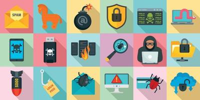 Cyber attack icons set, flat style vector