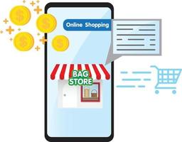 Small bags store with smart phone and golden coins, shopping cart icon isolate on white background. Online shopping by smart phone concepts in vector design.