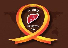 Wording of World Hepatitis Day with a human liver and symbol of virus in a giant campaign ribbon on world map and brown background. vector