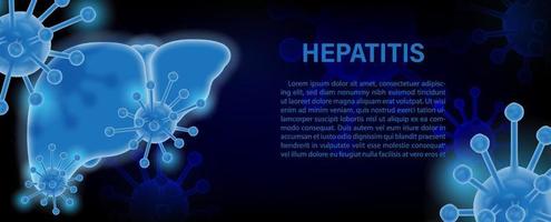 cerrar y recortar símbolos de virus en azul neón con estilo 3d y redacción de hepatitis, textos de ejemplo sobre el patrón de símbolos de virus y fondo azul oscuro. vector