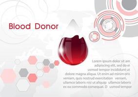Giant bloods droplet in glass design with abstract technology decoration and example Lorem Ipsum texts on world map and white background. All in vector design.