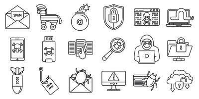 Cyber attack bug icons set, outline style vector