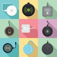 Wireless charger icons set, flat style vector