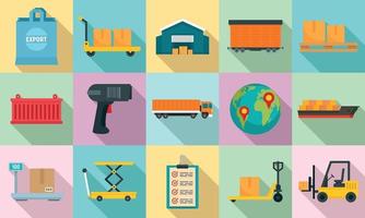 Goods export icons set, flat style vector