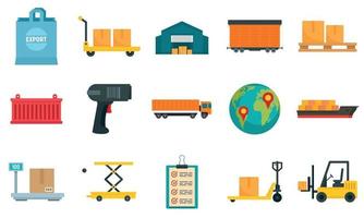 Goods export icons set, flat style vector