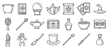 Magic wizard tools icons set, outline style vector