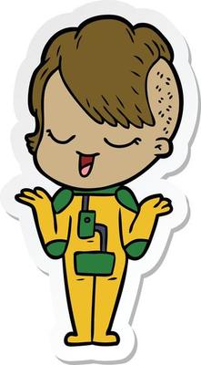sticker of a happy cartoon girl in space suit