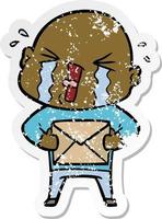 distressed sticker of a cartoon crying bald man vector