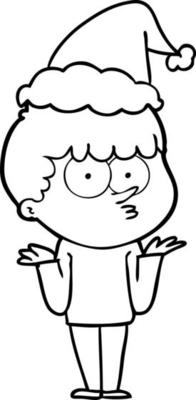 line drawing of a curious boy shrugging shoulders wearing santa hat
