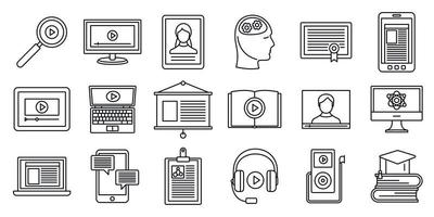 Online interactive learning icons set, outline style vector