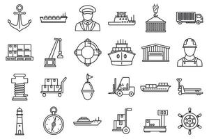 conjunto de iconos de transporte portuario marítimo, estilo de contorno