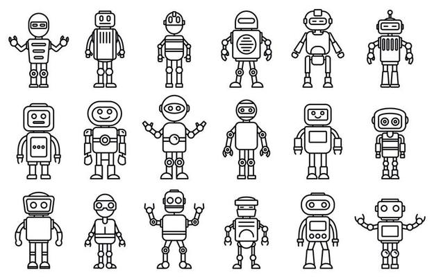 Humanoid robot icons set, outline style
