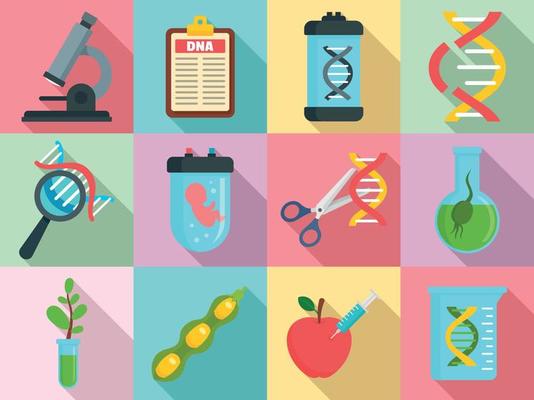 Genetic engineering icons set, flat style