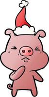 gradient cartoon of a angry pig wearing santa hat vector