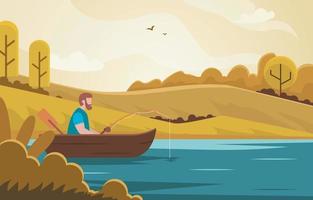 Fall Activity Man Fishing on Boat Peaceful Lake vector