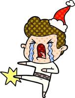 comic book style illustration of a crying man wearing santa hat vector