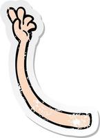 retro distressed sticker of a cartoon arm gesture vector