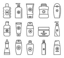 Sunscreen bottle icon set, outline style vector