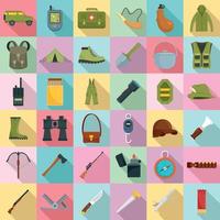 Hunting equipment icons set, flat style vector