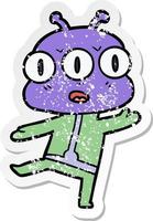 distressed sticker of a cartoon three eyed alien vector