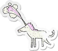 retro distressed sticker of a cartoon magical unicorn vector