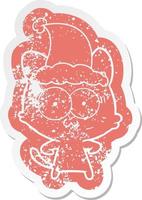 cartoon distressed sticker of a surprised cat wearing santa hat vector