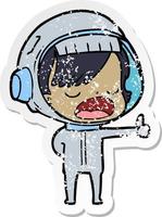 pegatina angustiada de una mujer astronauta de dibujos animados explicando vector