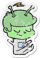 distressed sticker of a friendly cartoon spaceman vector