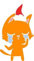 crying flat color illustration of a cat wearing santa hat vector