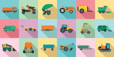 Agricultural machines icons set, flat style vector