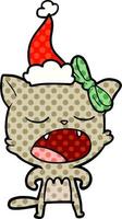 comic book style illustration of a cat meowing wearing santa hat vector