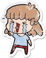 distressed sticker of a cartoon woman in tears vector