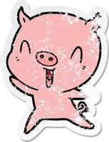 distressed sticker of a happy cartoon pig vector