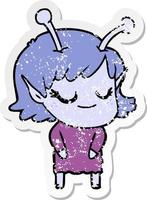 distressed sticker of a smiling alien girl cartoon vector