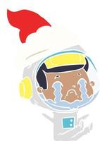 flat color illustration of a crying astronaut wearing santa hat vector