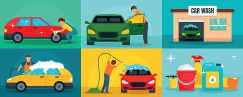 Car wash cleaning banner set, flat style vector