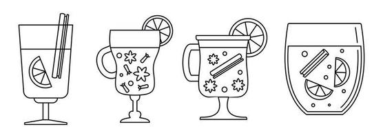 conjunto de iconos de vino caliente con miel, estilo de contorno vector