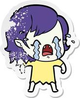 distressed sticker of a cartoon crying vampire girl vector