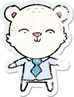 distressed sticker of a happy cartoon polar bear office worker vector