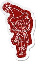 cartoon distressed sticker of a woman wearing santa hat vector