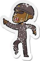 retro distressed sticker of a cartoon man in bike helmet pointing vector