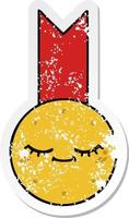 distressed sticker of a cute cartoon gold medal vector