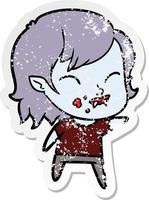 distressed sticker of a cartoon vampire girl with blood on cheek vector