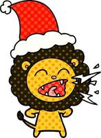 comic book style illustration of a roaring lion wearing santa hat vector