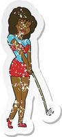 retro distressed sticker of a cartoon woman playing golf vector