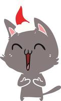 happy flat color illustration of a cat wearing santa hat vector